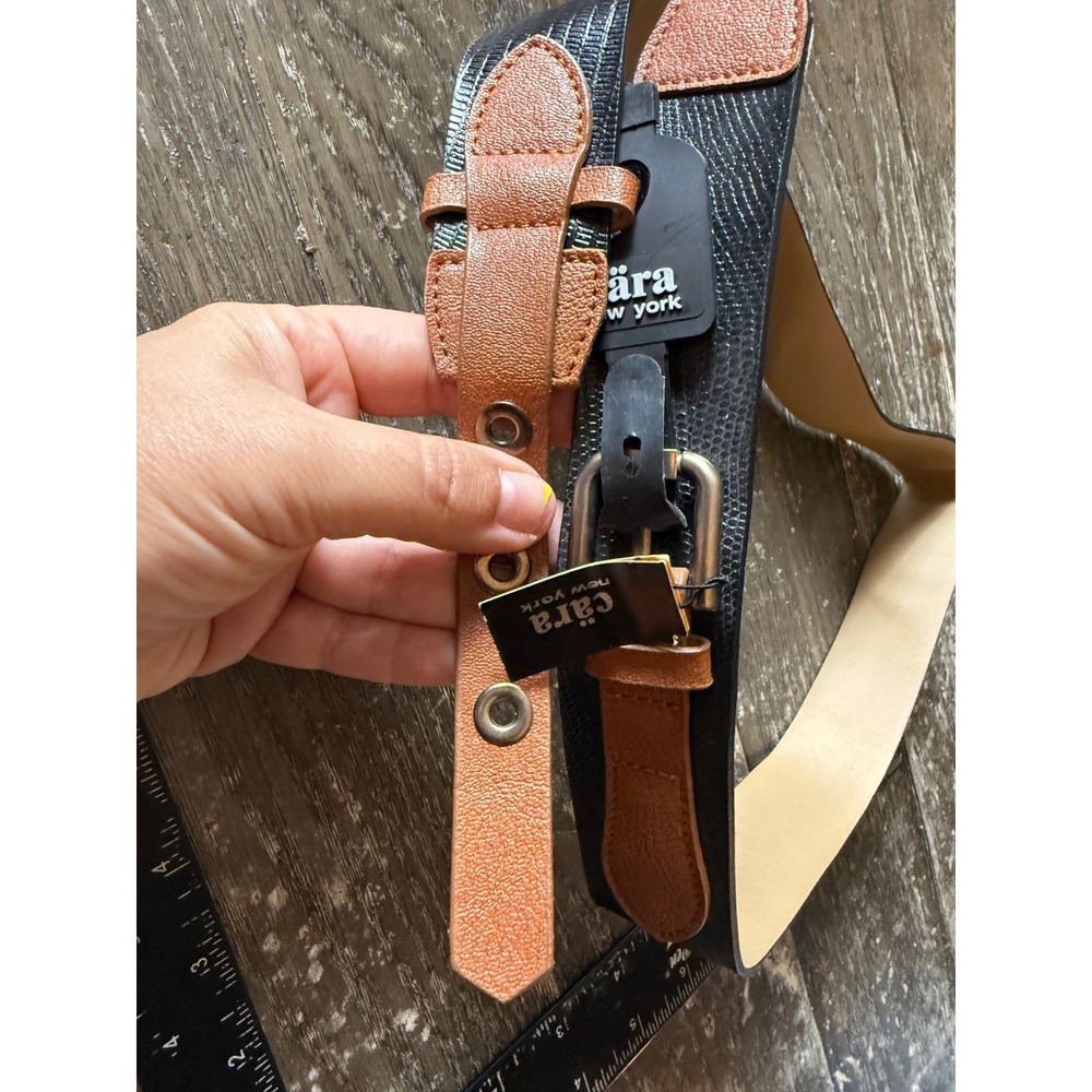 Cara New York Two Tone Black Lizard Embossed Cognac Brown Wide Waist Belt NWT